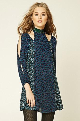 Forever21 Women's  Black & Teal Floral Open-shoulder Dress
