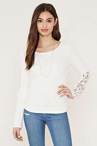 Forever21 Ribbed Crochet-sleeve Top