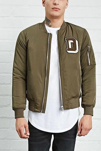 21 Men Men's  Olive & Cream D Patch Bomber Jacket