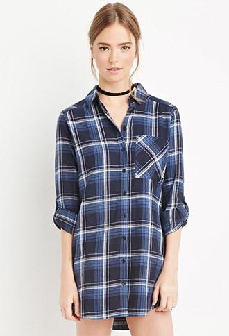 Forever21 Women's  Plaid Flannel Shirt Dress (navy/blue)