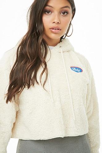 Forever21 Patch Graphic Faux Shearling Hoodie