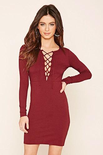Forever21 Women's Plum Ribbed Lace-up Dress