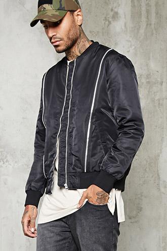 21 Men Men's  Contrast Zippered Bomber Jacket