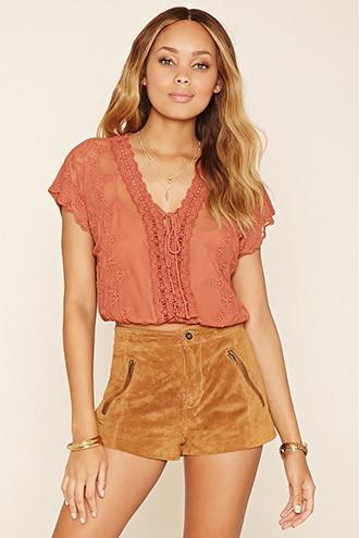 Forever21 Women's  Crochet Lace-up Crop Top