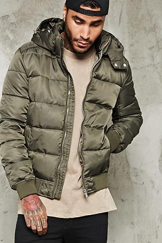 21 Men Men's  Olive Hooded Puffer Parka