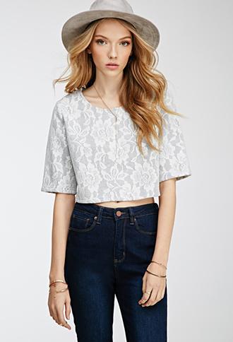 Forever21 Floral Lace Crop Top White/grey Small