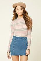 Forever21 Women's  Cream & Pink Striped Mock Neck Top