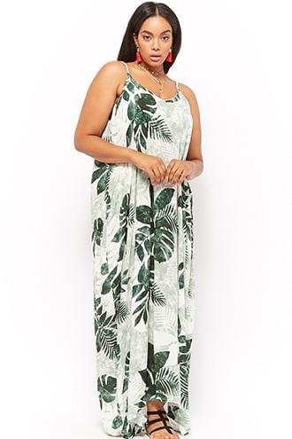 Forever21 Plus Size Crinkled Leaf Print Cami Maxi Dress
