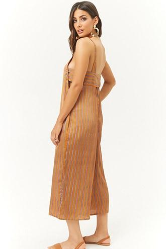 Forever21 Satin Multicolor Striped Open-shoulder Jumpsuit