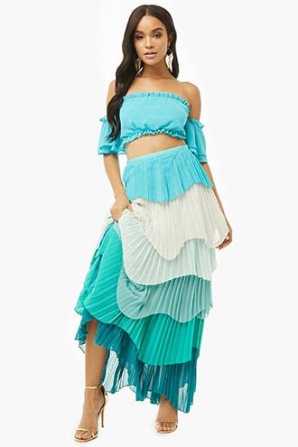 Forever21 Ruffled Crop Top & Accordion-pleated Maxi Skirt Set