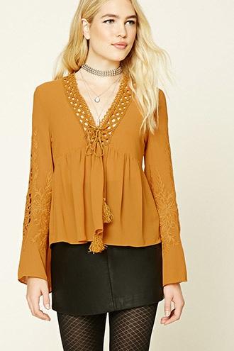 Forever21 Women's  Mustard Crochet-paneled Top