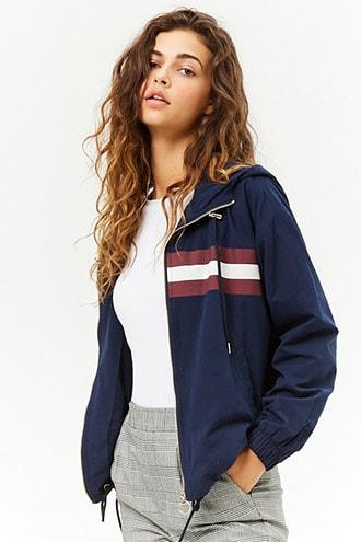 Forever21 Hooded Striped-trim Zip-front Jacket