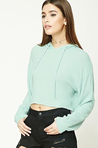 Forever21 Fleece Raw-cut Hooded Crop Top
