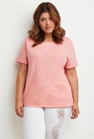 Forever21 Plus Striped Cuff-sleeve Tee