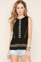 Forever21 Women's  Black & Blue Embroidered Gauze Top