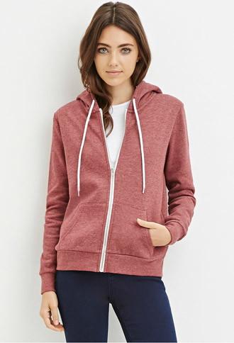 Forever21 Women's  Zip-up Drawstring Hoodie (burgundy)
