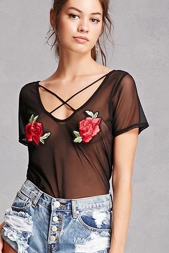 Forever21 Semi-sheer Mesh Floral Top