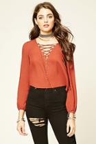 Forever21 Women's  Rust V-neck Lace-up Blouse