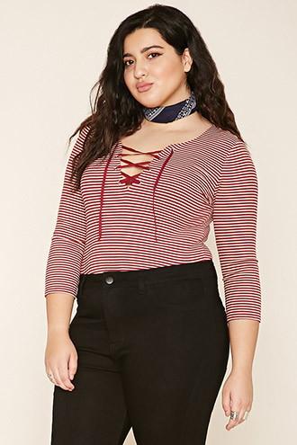 Forever21 Plus Women's  Berry & Beige Plus Size Stripe Lace-up Top