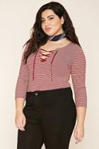 Forever21 Plus Women's  Berry & Beige Plus Size Stripe Lace-up Top