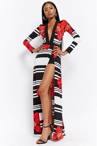 Forever21 Floral Striped Maxi Skort Romper