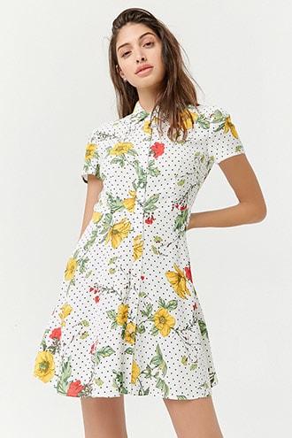 Forever21 Polka Dot & Floral Print Shirt Dress