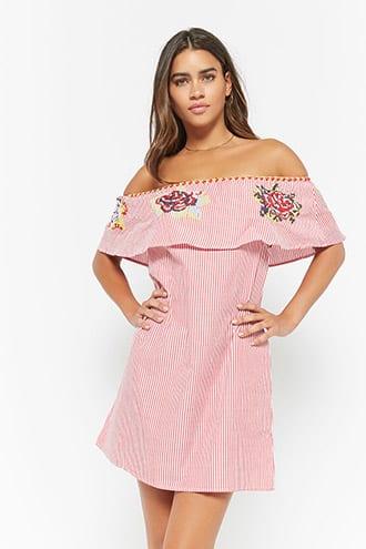 Forever21 Embroidered Striped Off-the-shoulder Dress