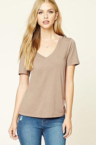 Forever21 Plus Women's  Walnut Cotton-blend V-neck Tee