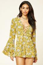 Forever21 Women's  Mustard & Ivory Lace-up Floral Print Romper