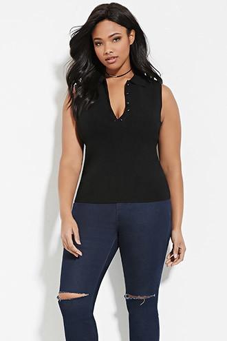 Forever21 Plus Women's  Black Plus Size Buttoned Polo