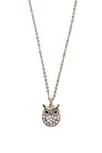 Forever21 Gold & Clear Rhinestone Owl Pendant Necklace