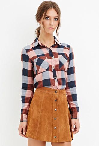 Forever21 Women's  Tartan Plaid Shirt (navy/orange)