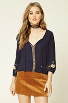 Forever21 Women's  Navy & Mustard Embroidered Peasant Top