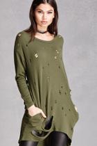 Forever21 Women's  Dark Olive Distressed Sweatshirt