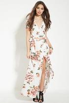 Forever21 Women's  Cream & Pink Floral Print Maxi Skirt