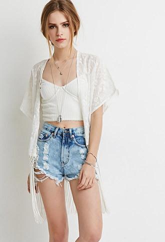 Forever21 Women's  Cream Fringed Floral-embroidered Kimono