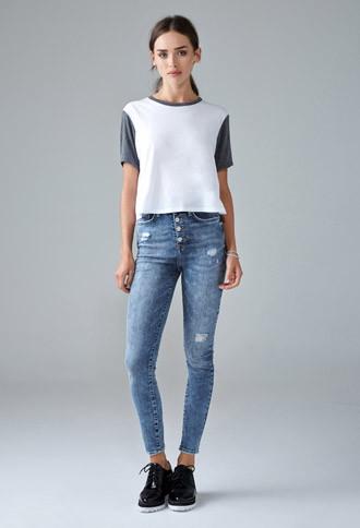 Forever21 Women's  Exposed Button High-waisted Skinny Jeans (denim Washed)