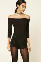Forever21 Women's  Black Ribbed Off-the-shoulder Top