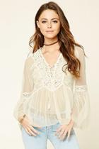 Forever21 Women's  Cream Lace-up Mesh Top