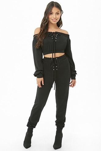 Forever21 Lace-up Crop Top & Joggers Set