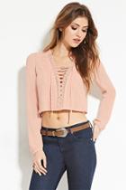 Forever21 Women's  Light Pink Crochet Lace-up Top