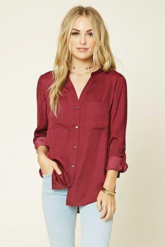 Forever21 Women's Burgundy Satin Woven Pocket Shirt