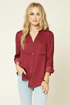 Forever21 Women's  Burgundy Satin Woven Pocket Shirt