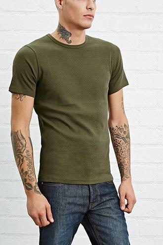 21 Men Men's  Olive Ribbed Knit Tee