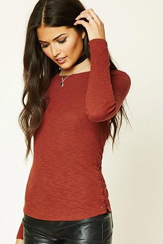 Love21 Women's  Rust Contemporary Lace-up Top