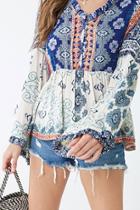 Forever21 Crinkled Tribal-inspired Bell-sleeve Top