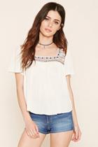 Forever21 Women's  Cream & Camel Embroidered Peasant Blouse