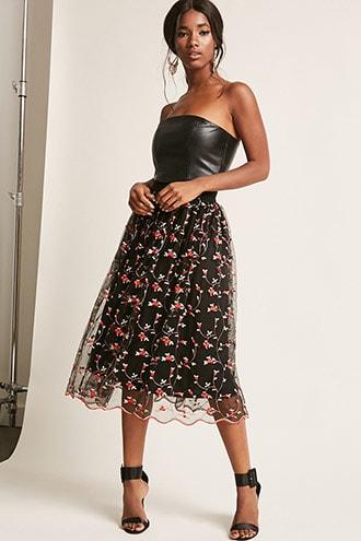 Forever21 Floral Embroidered Mesh Midi Skirt