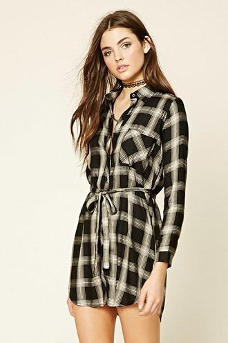 Forever21 Women's  Black & Taupe Plaid Shirt Dress