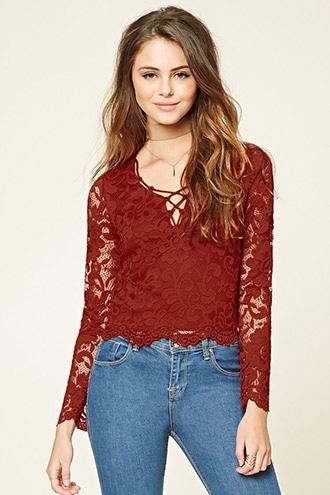 Forever21 Women's  Rust Crisscross-front Lace Top
